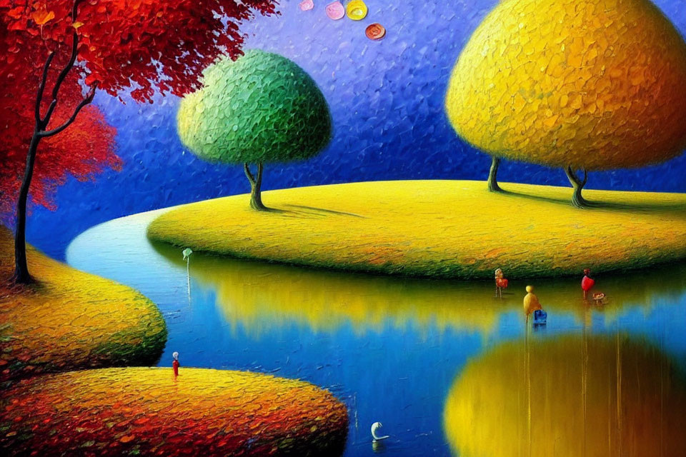 Colorful Landscape Painting with Vivid Trees and Abstract Human Figures