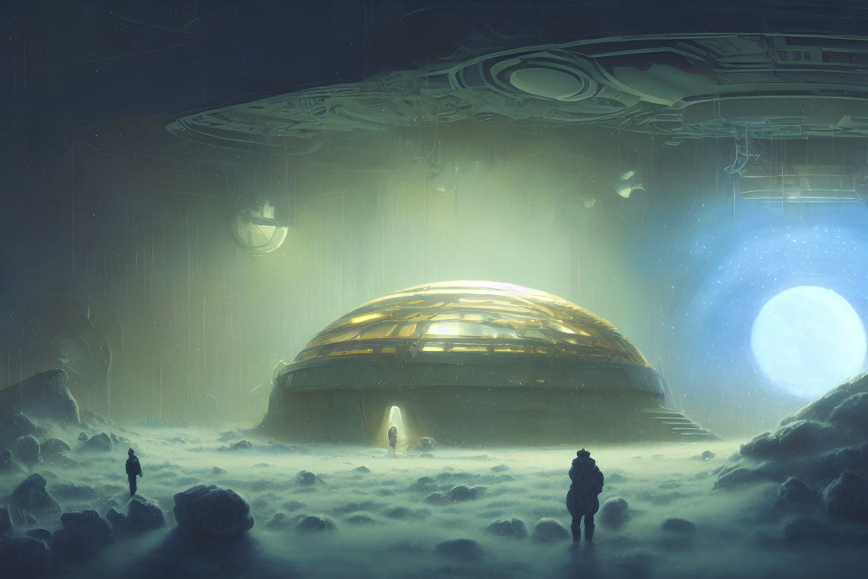 Futuristic dome structure on misty rocky landscape with silhouettes.