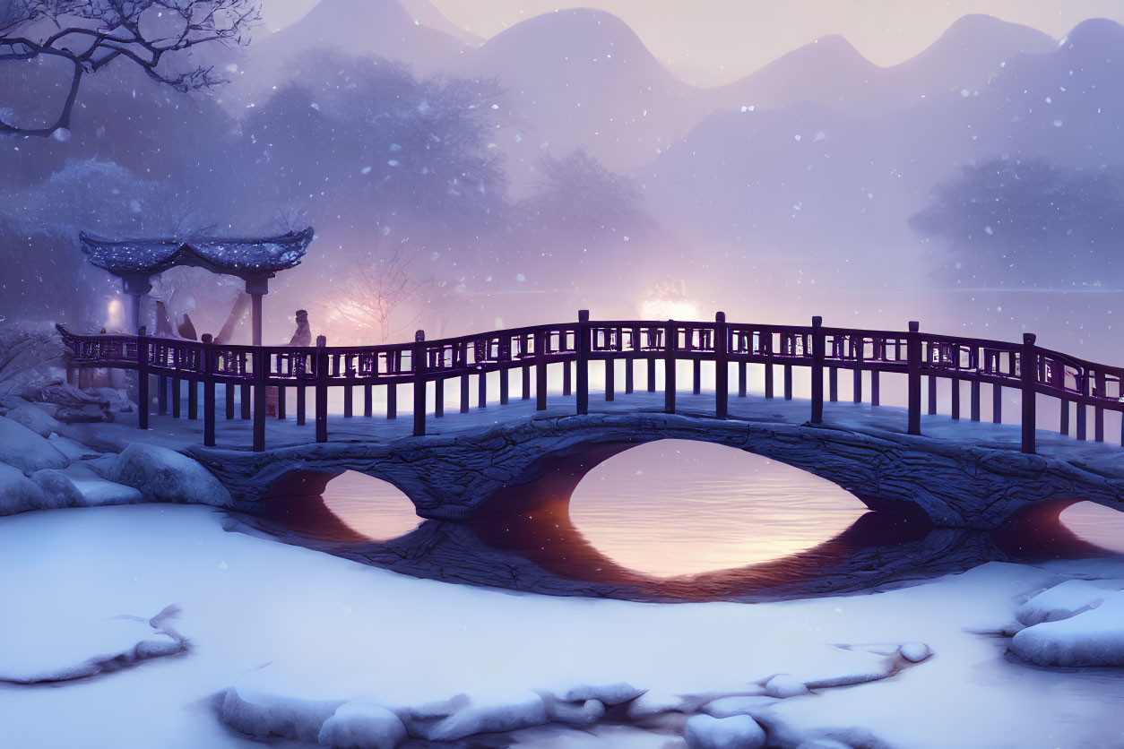 Person standing on curved bridge in serene winter scene