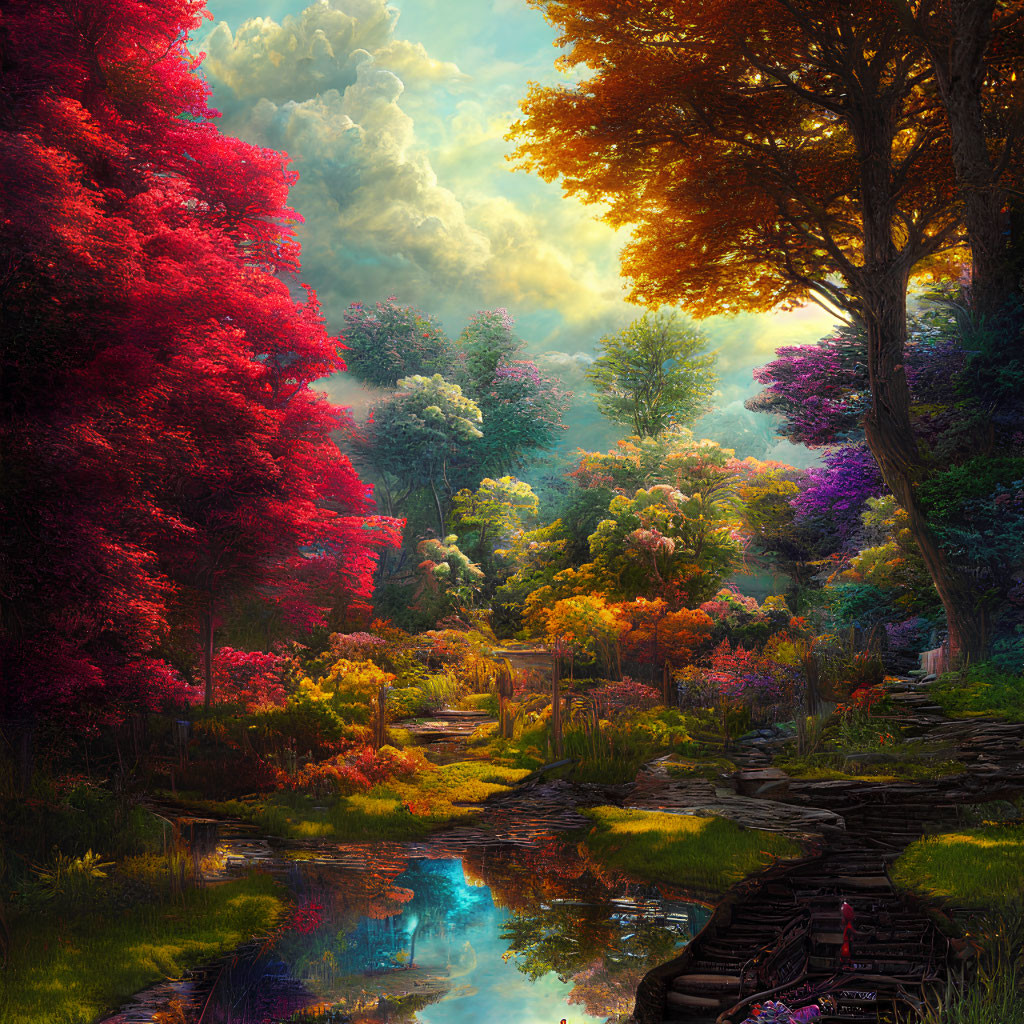 Colorful forest scene with trees, stream, stone path under warm sky