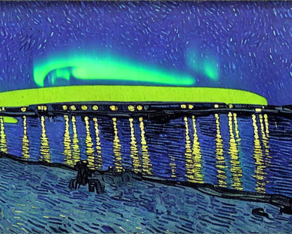 Digital painting of bridge at night with yellow lights reflecting on water, under green aurora-lit sky