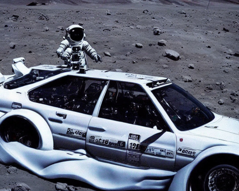 Astronaut with racecar-styled vehicle on rocky lunar surface