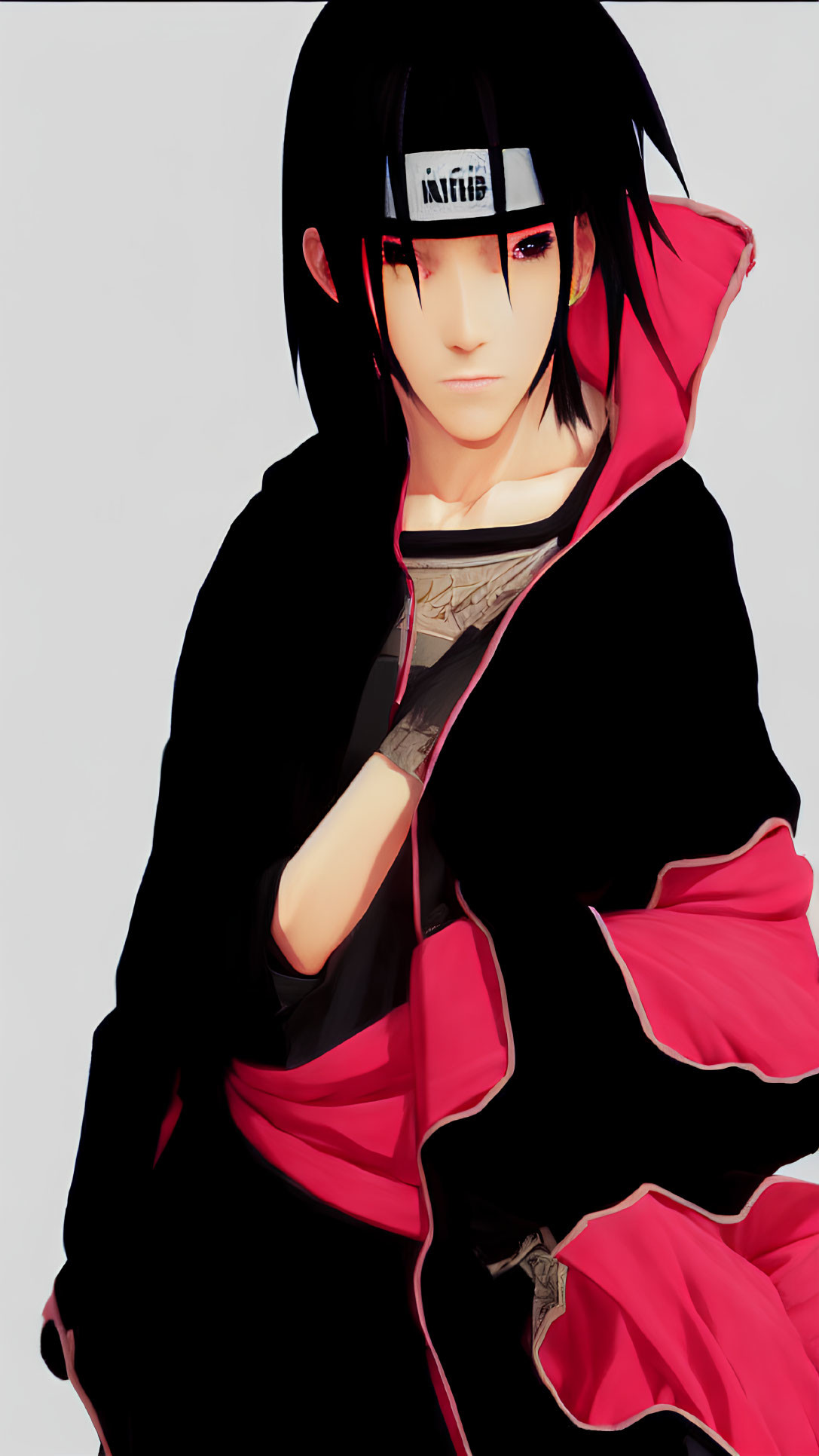 Black-haired anime character in red and black cloak with leaf village symbol.