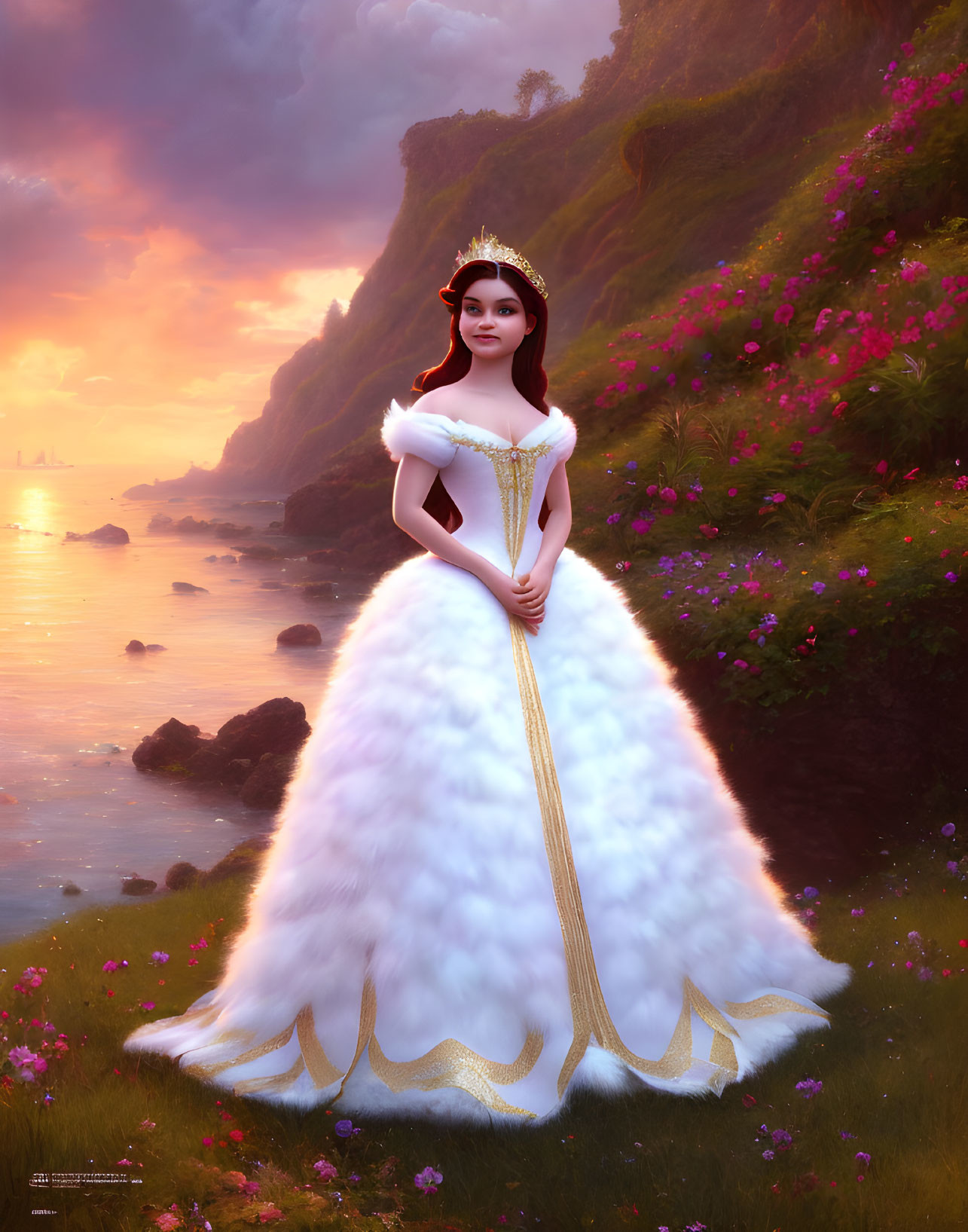 Animated princess in white and gold dress by the sea at sunset