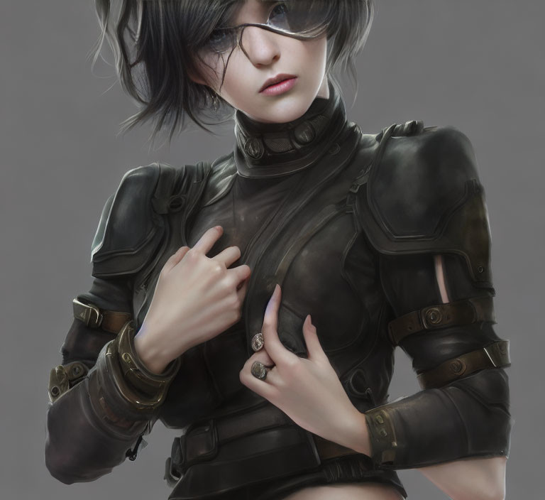 Female character with short black hair and glasses in futuristic combat armor.