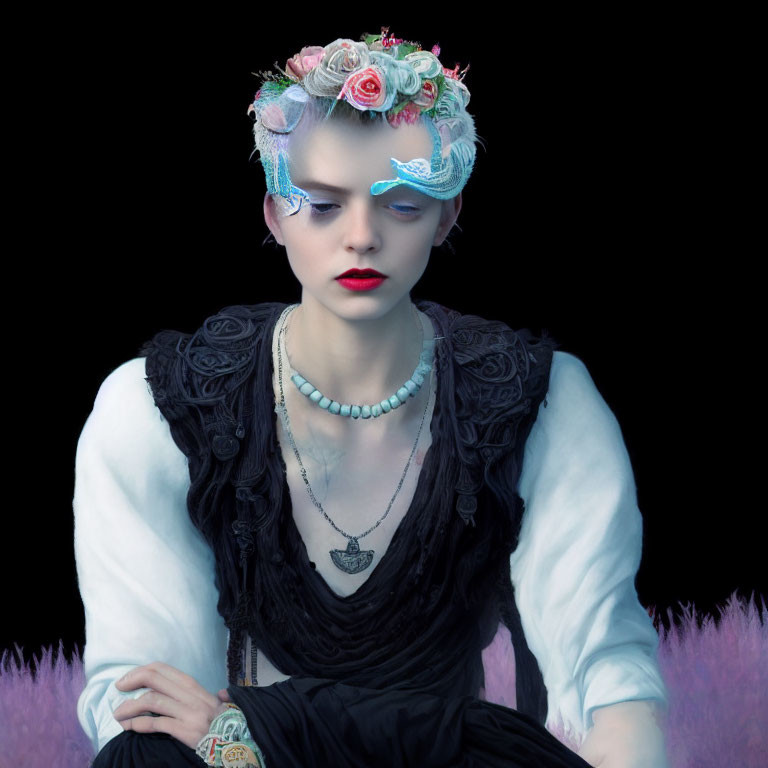 Pale person with white hair in floral headpiece and pearl necklace against dark background