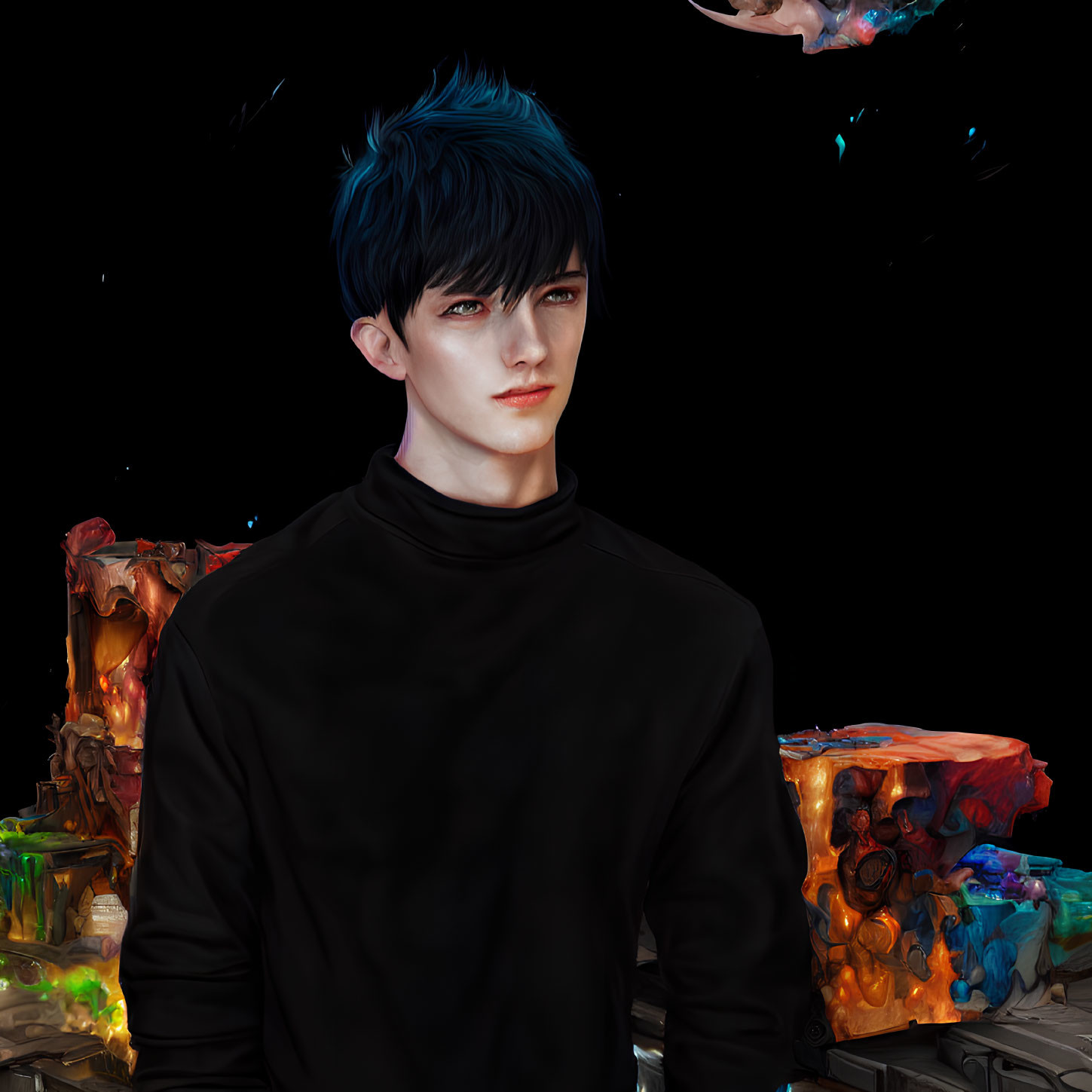 Male with Blue Hair in Black Turtleneck Against Colorful Abstract Backdrop