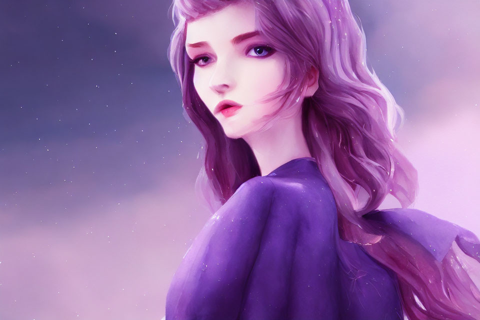 Illustrated portrait of young woman with purple hair against starry background