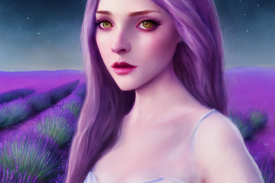 Purple-haired woman with yellow eyes in lavender field under starry sky