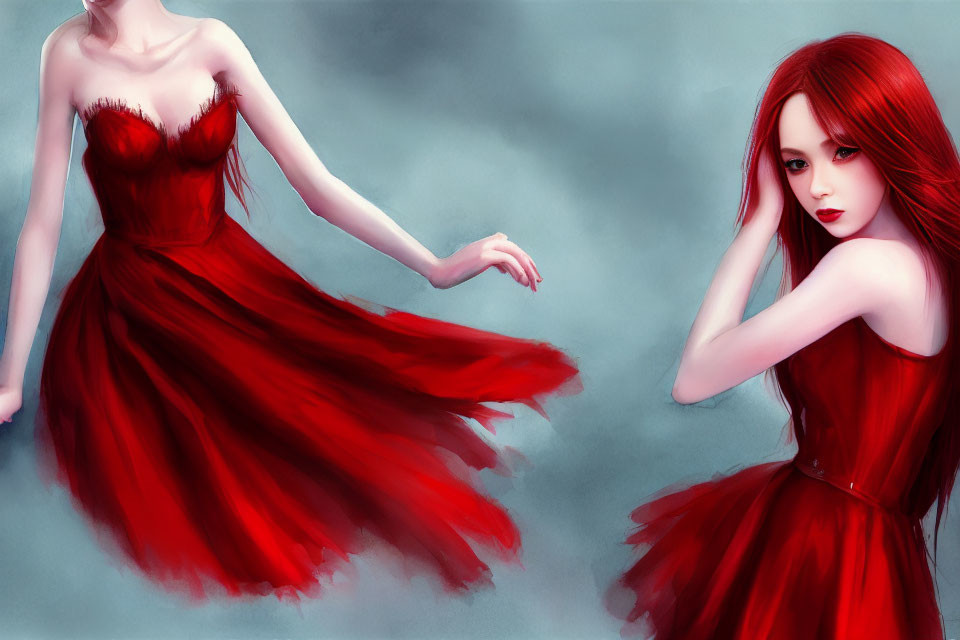 Illustrated Woman with Red Hair in Flowing Dress on Misty Gray Background