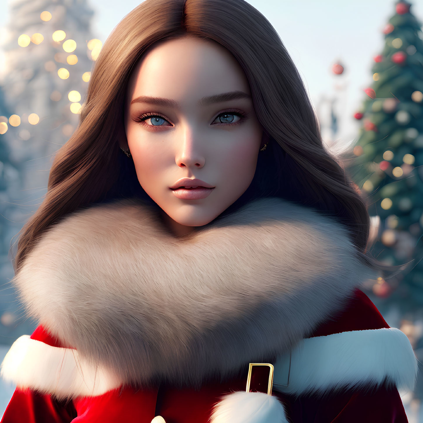 Digital illustration of woman in Santa-inspired outfit with blue eyes and long hair