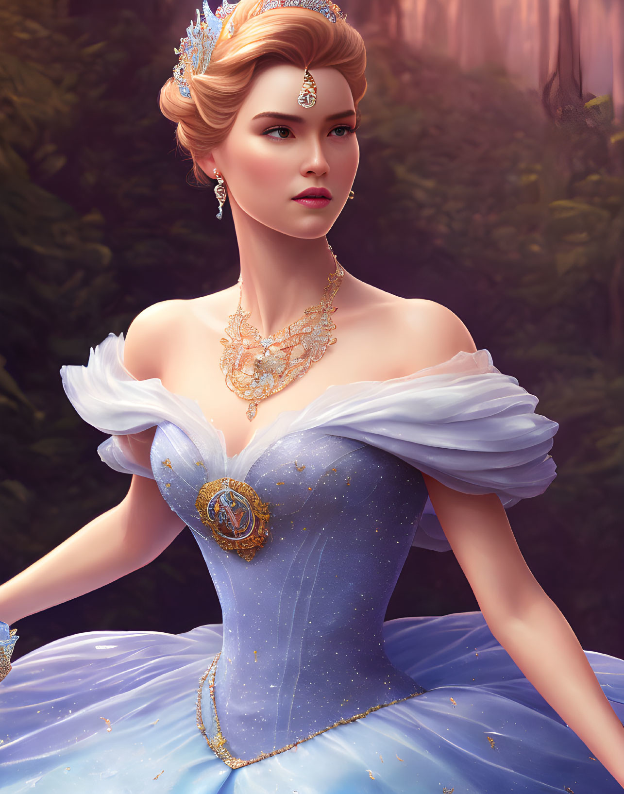 Illustrated Princess in Blue Gown and Golden Jewelry Against Forest Background