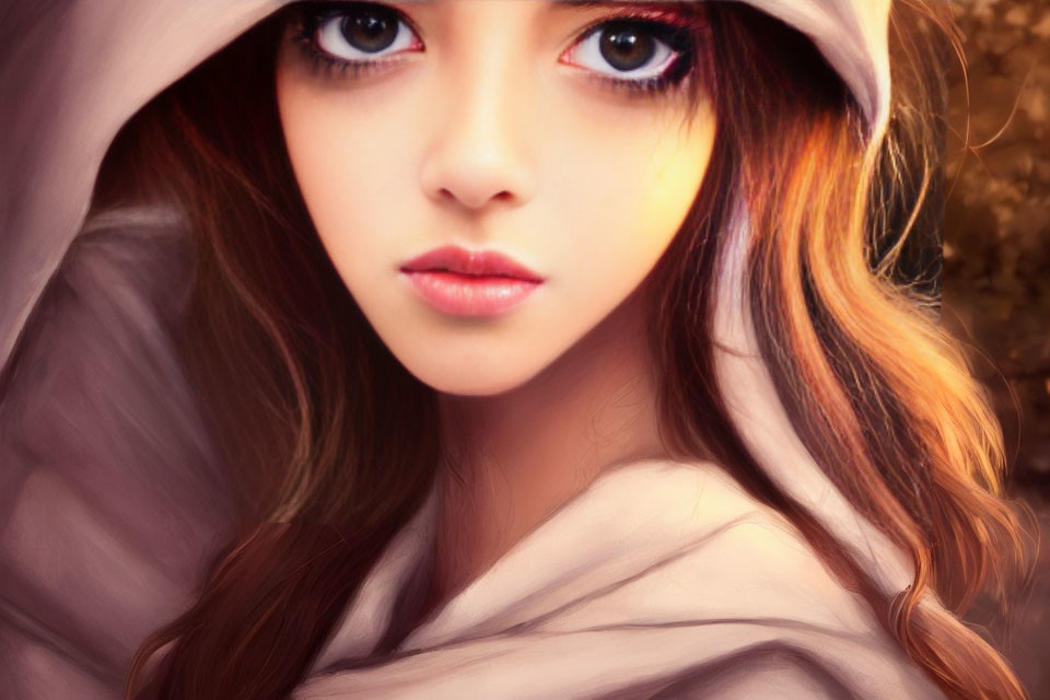 Digital painting: Young woman with expressive eyes in hooded cloak