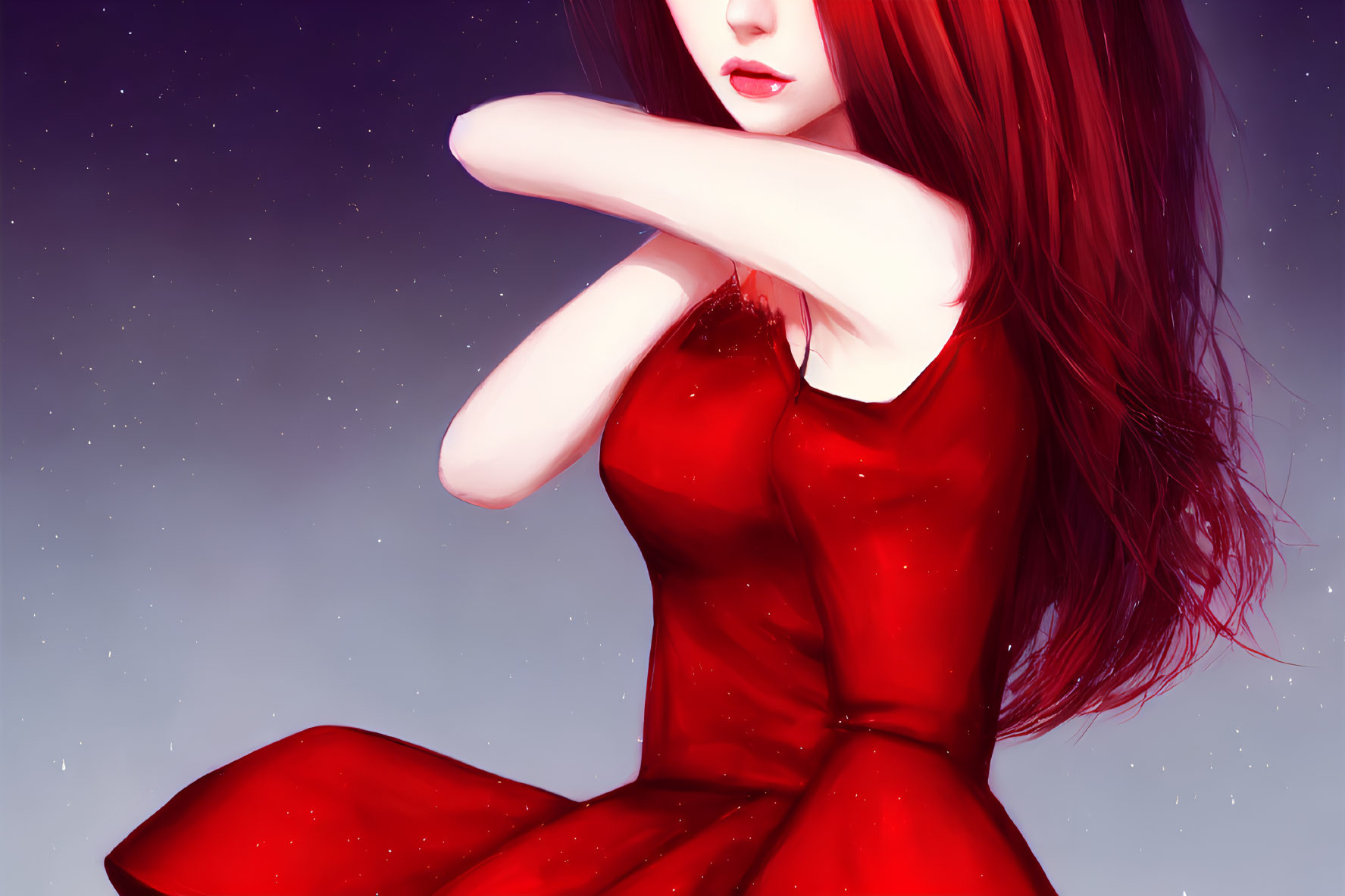 Illustration of woman with long red hair and red dress under starry sky