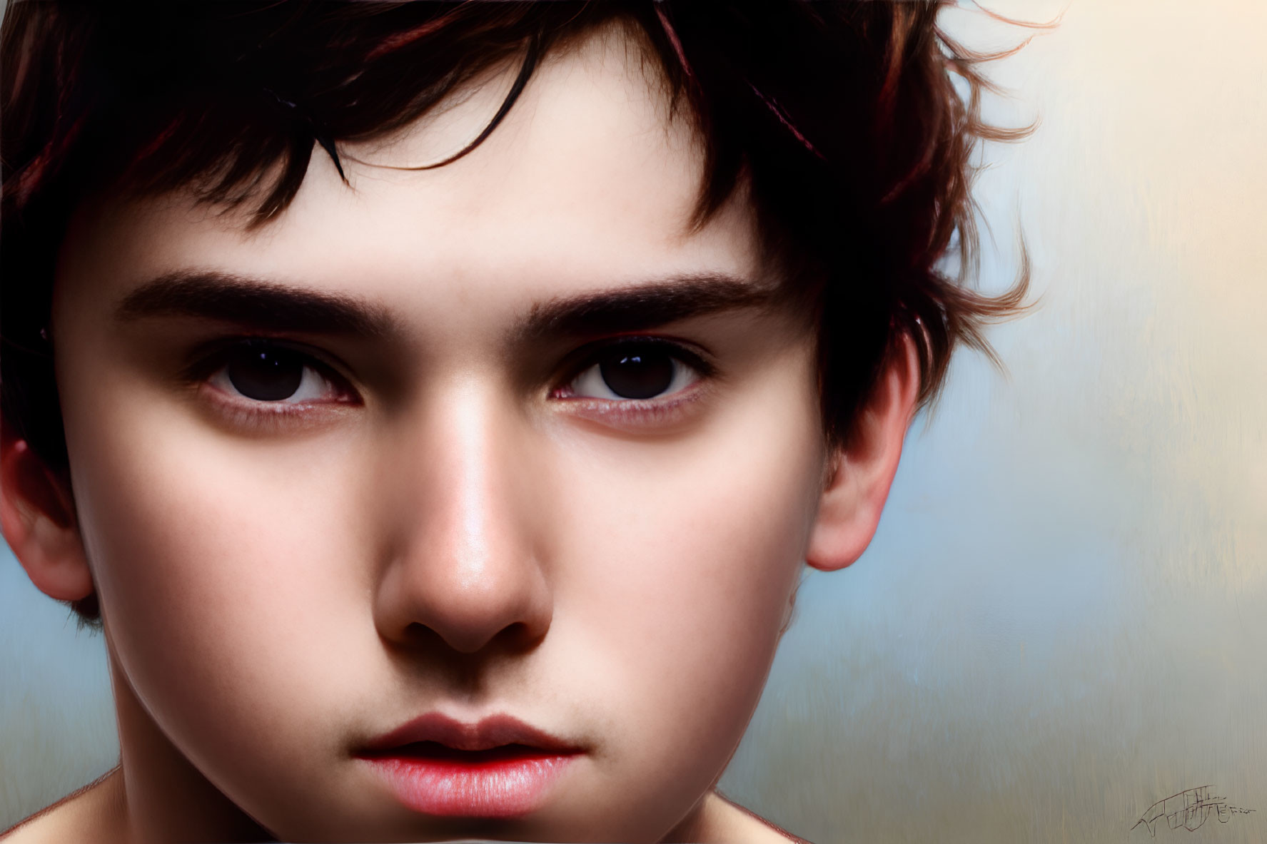 Close-up Portrait of Young Person with Dark Hair and Intense Gaze