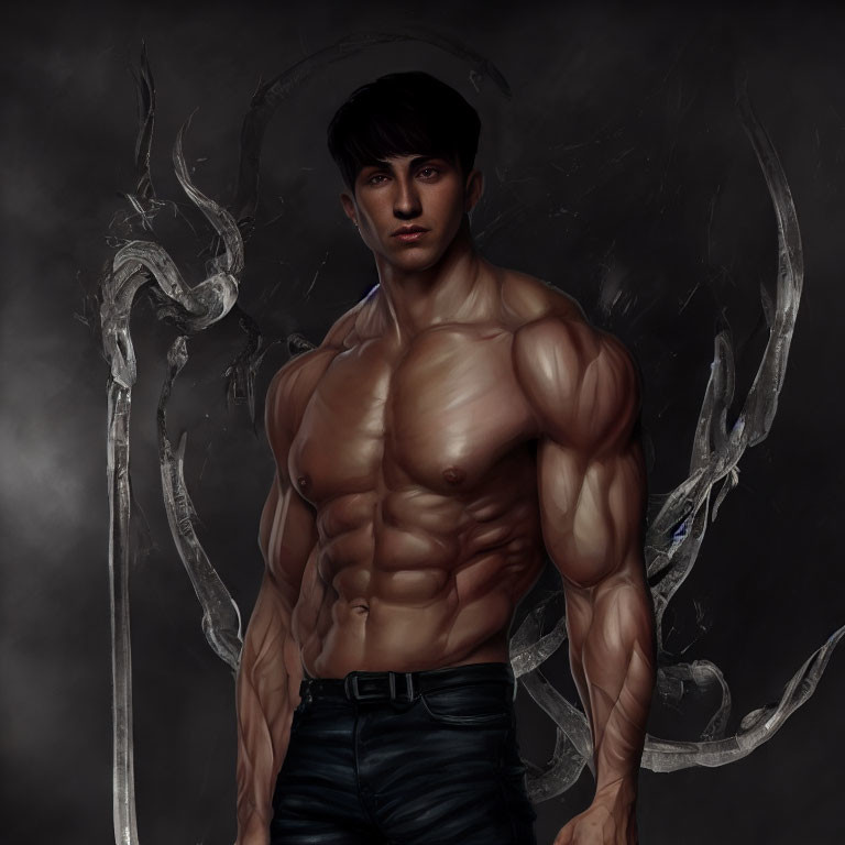 Muscular man with staff in dark, smoky setting