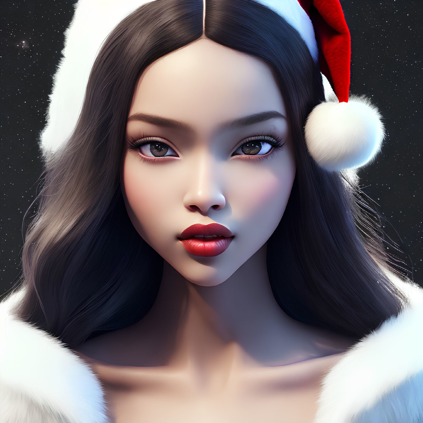 Dark-haired woman in Santa hat and coat against starry background