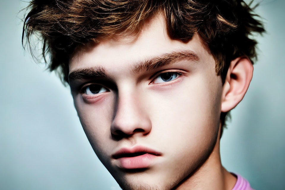 Young person with tousled brown hair and pink shirt in close-up portrait.