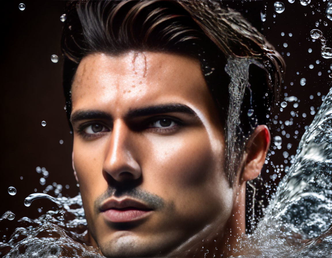 Man with slicked-back hair and intense gaze in water droplets.