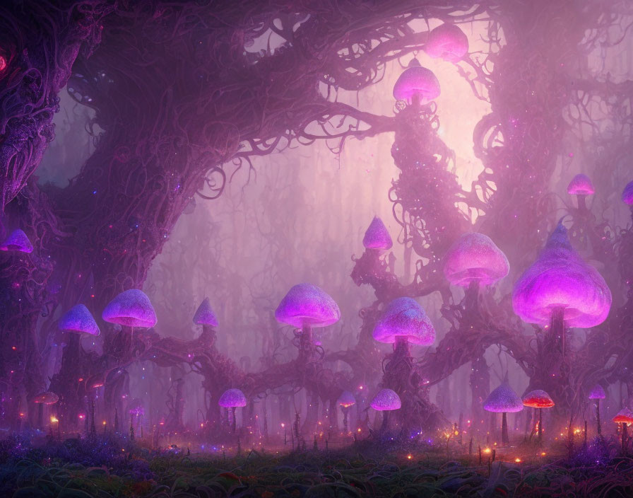 Enchanted forest with glowing purple mushrooms and twisted trees