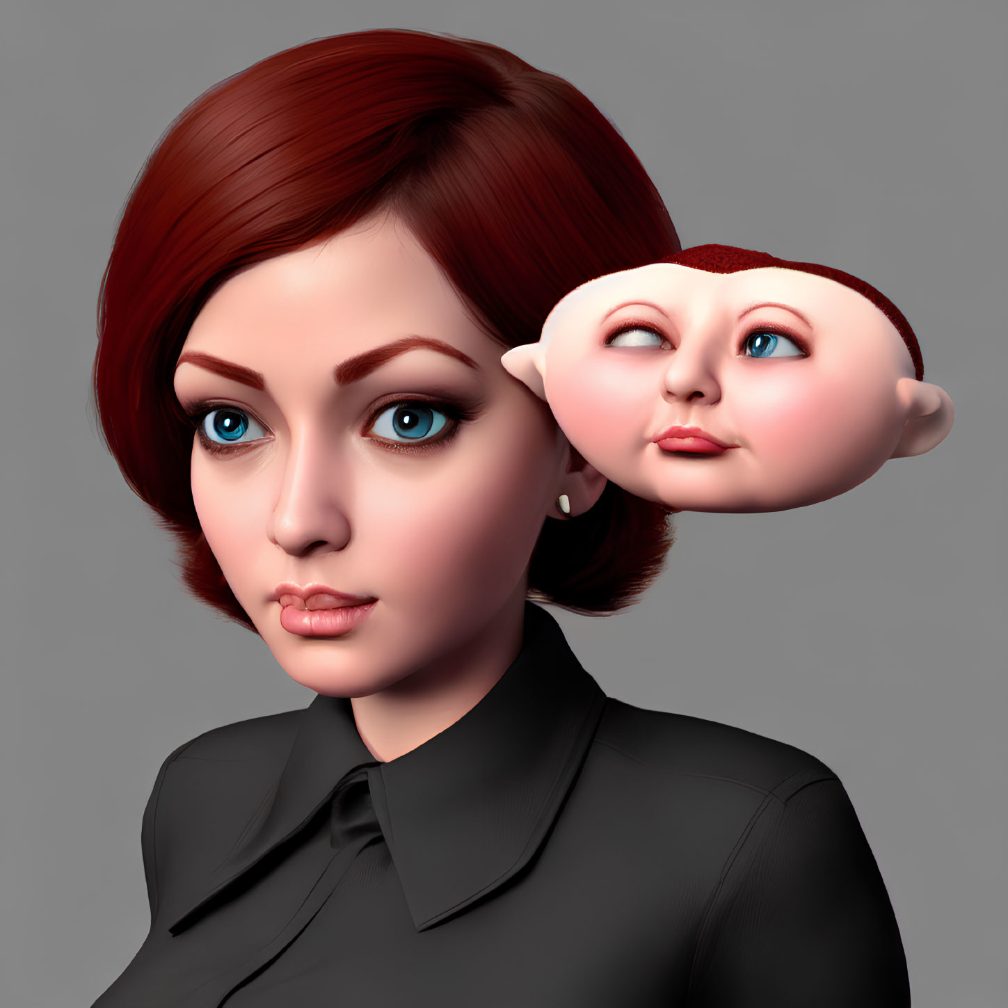 3D illustration: Woman with stylized caricature face emerging, red hair, blue eyes