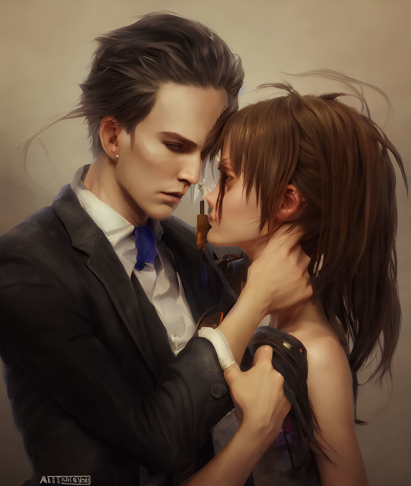 Intense romantic gaze between man and woman in illustrated image