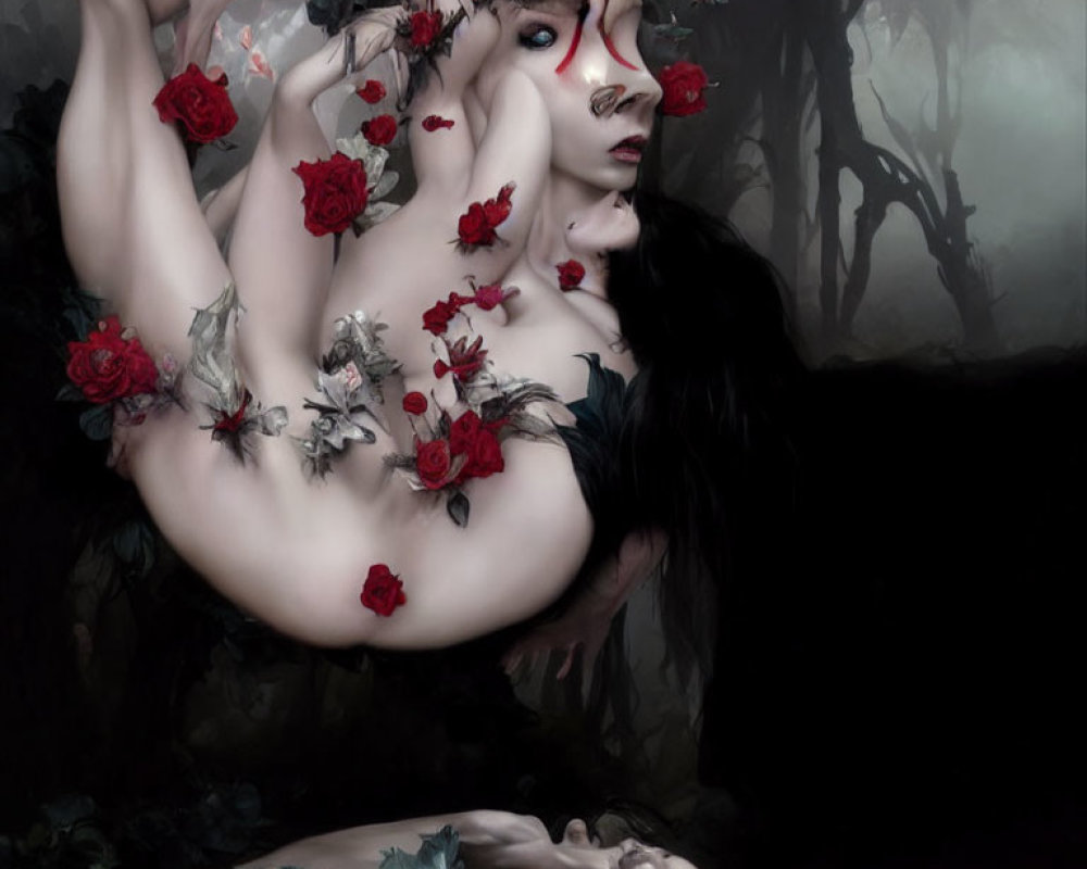 Woman adorned with roses and branches in surreal forest setting