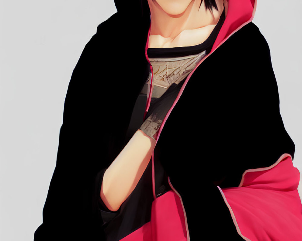 Black-haired anime character in red and black cloak with leaf village symbol.