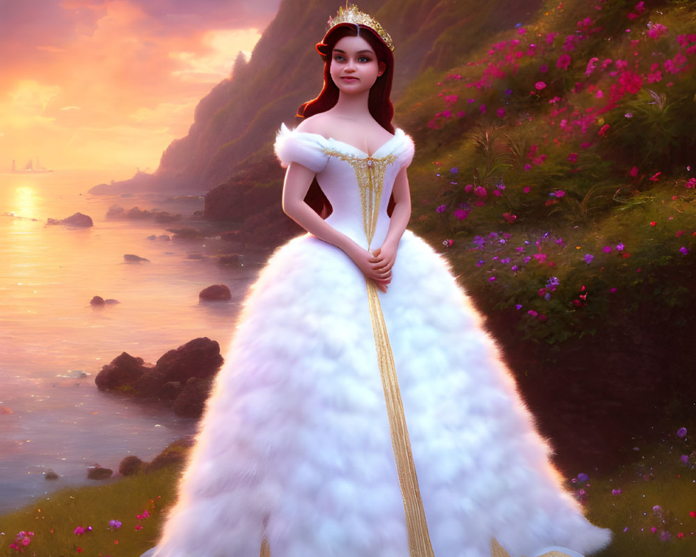 Animated princess in white and gold dress by the sea at sunset