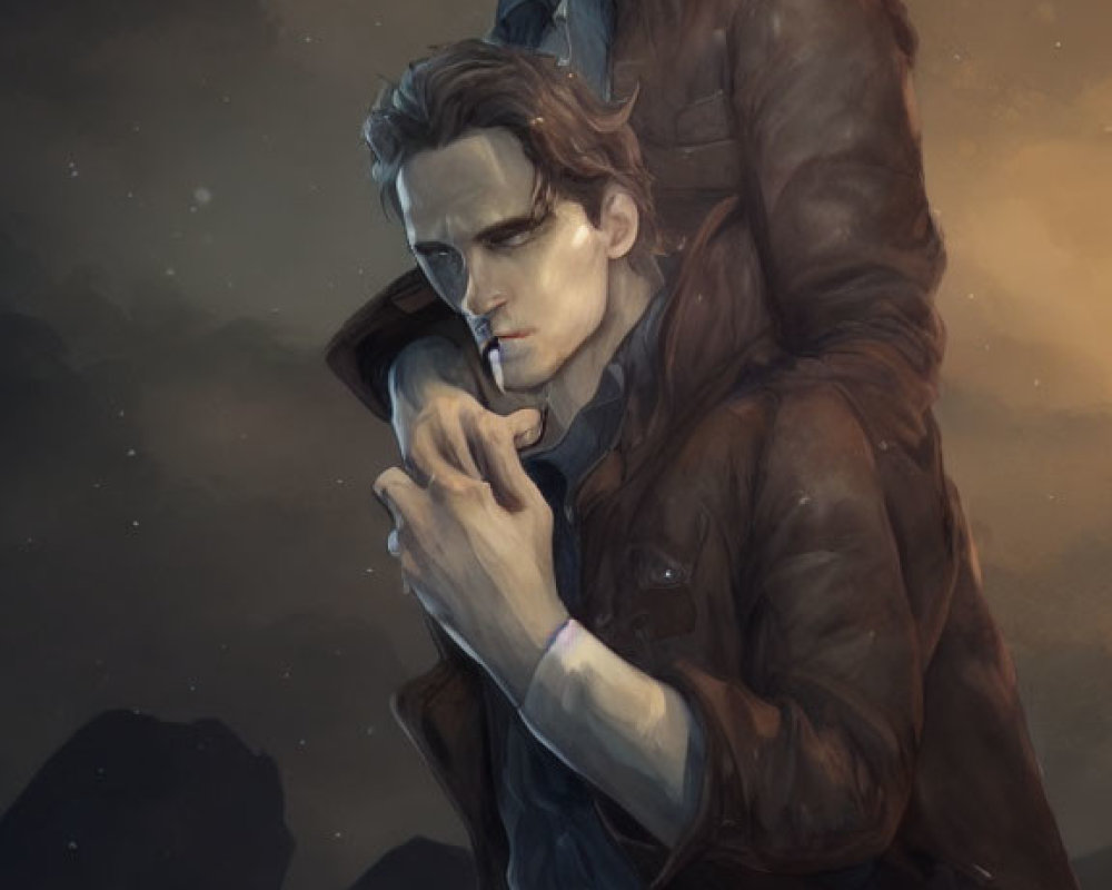 Stylized men in brown jackets against dusky sky, one lighting a cigarette