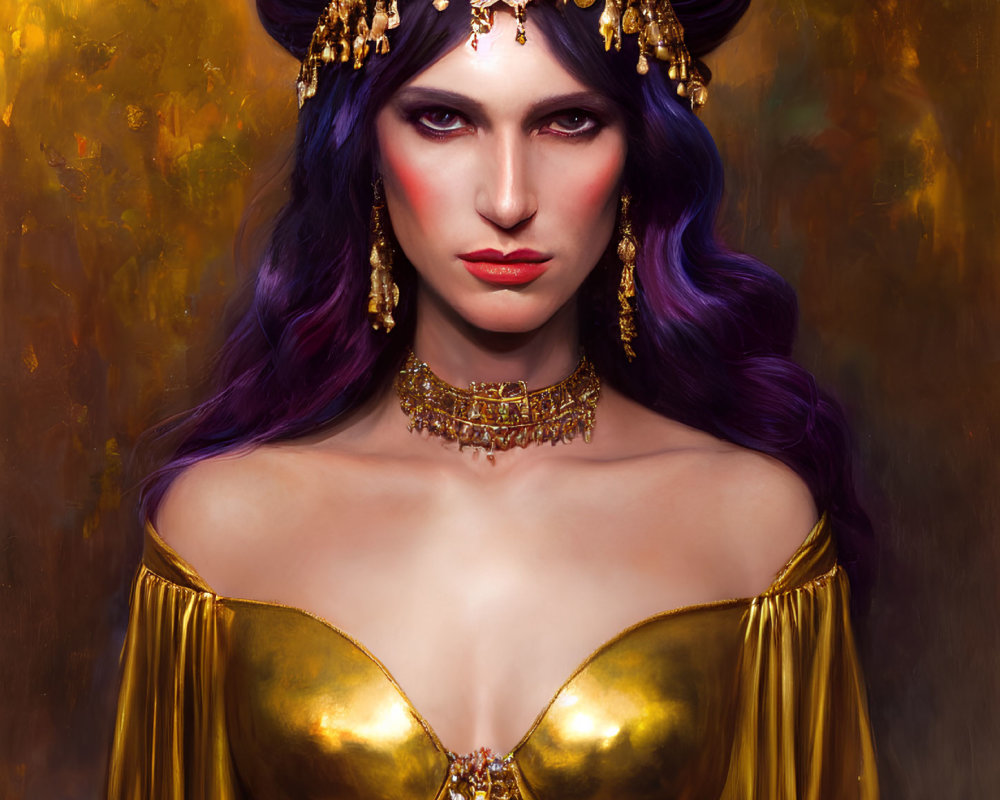 Digital Artwork: Woman with Purple Hair and Golden Headdress in Opulent Gown