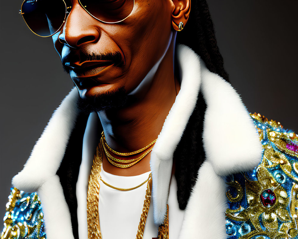 Fashionable man in sunglasses, gold jewelry, sequined jacket with white fur collar