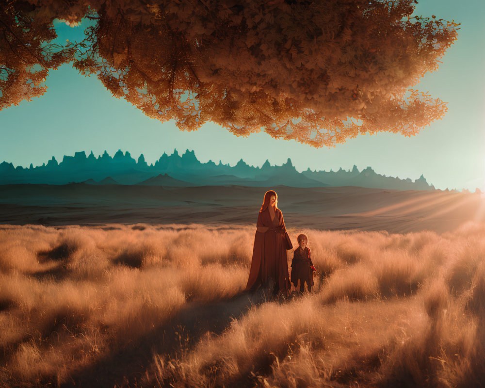 Vintage-clad woman and child under autumn tree in golden field with mountains and sunset sky