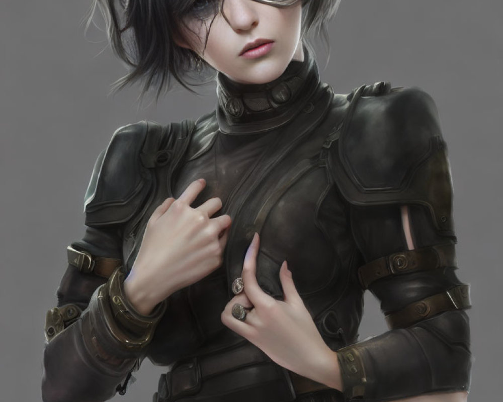 Female character with short black hair and glasses in futuristic combat armor.