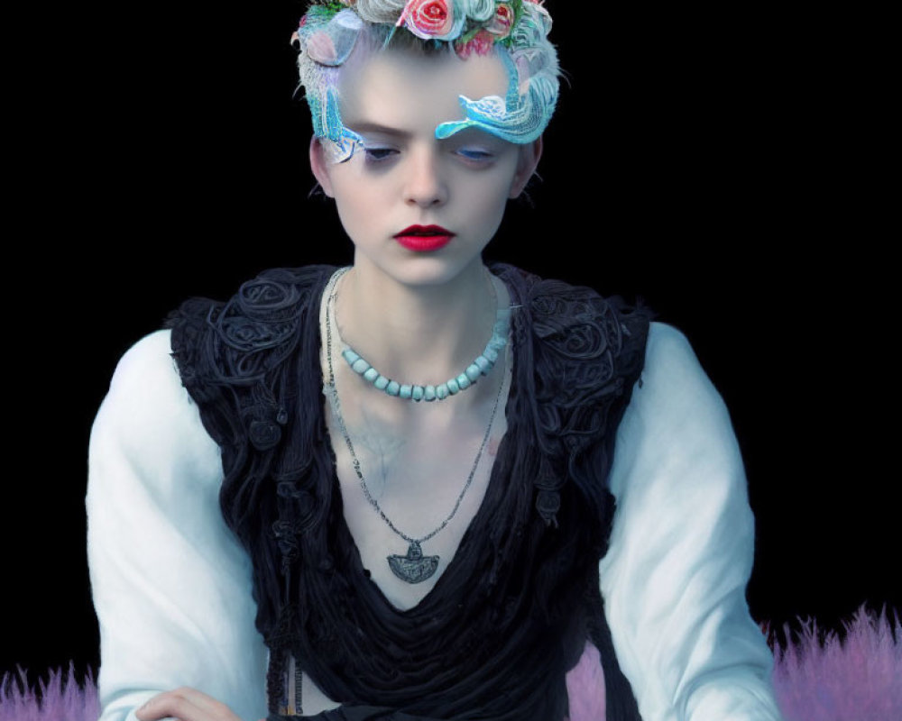 Pale person with white hair in floral headpiece and pearl necklace against dark background