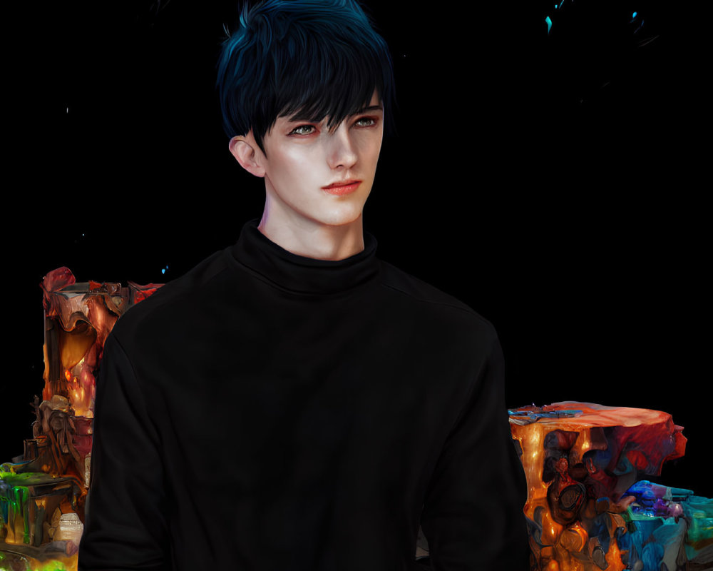 Male with Blue Hair in Black Turtleneck Against Colorful Abstract Backdrop