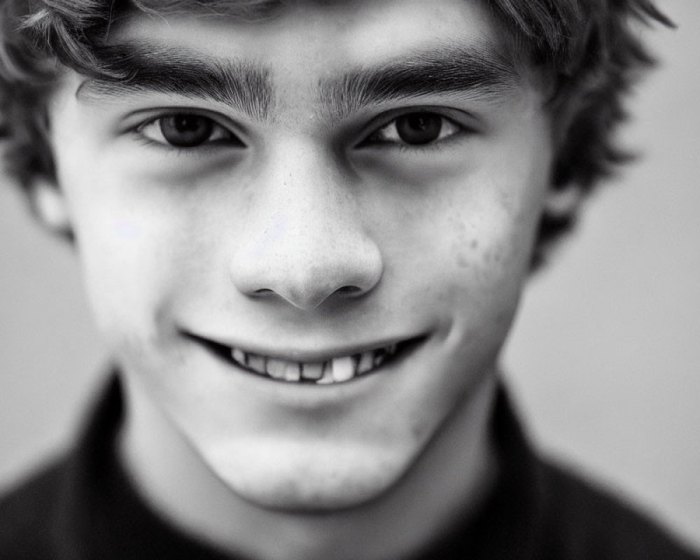 Monochrome close-up of smiling young male with curly hair and freckles