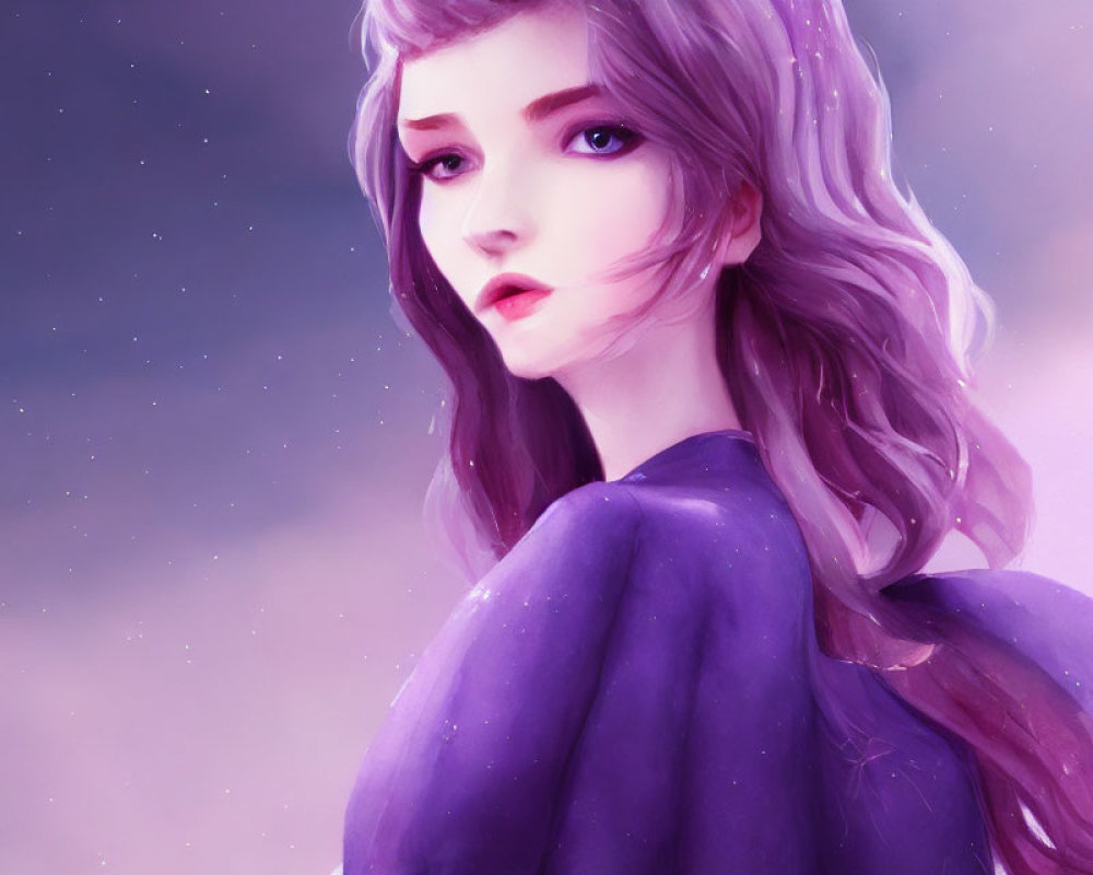 Illustrated portrait of young woman with purple hair against starry background