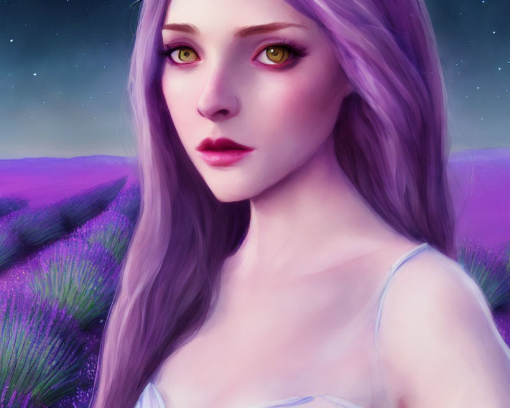 Purple-haired woman with yellow eyes in lavender field under starry sky