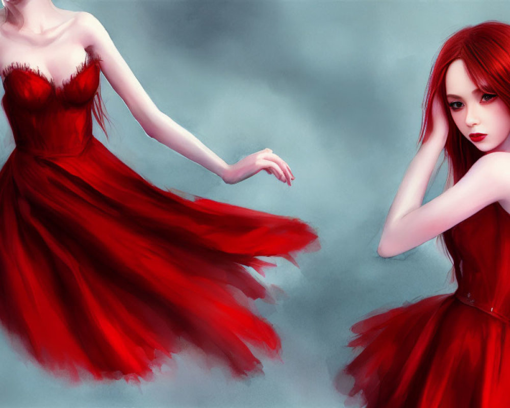 Illustrated Woman with Red Hair in Flowing Dress on Misty Gray Background