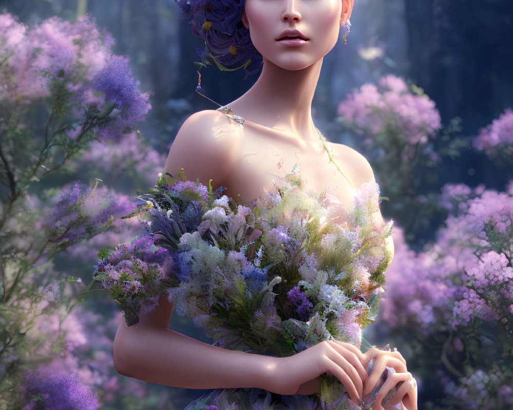 Digital artwork: Woman with floral elements in mystical purple hues, set in blooming forest