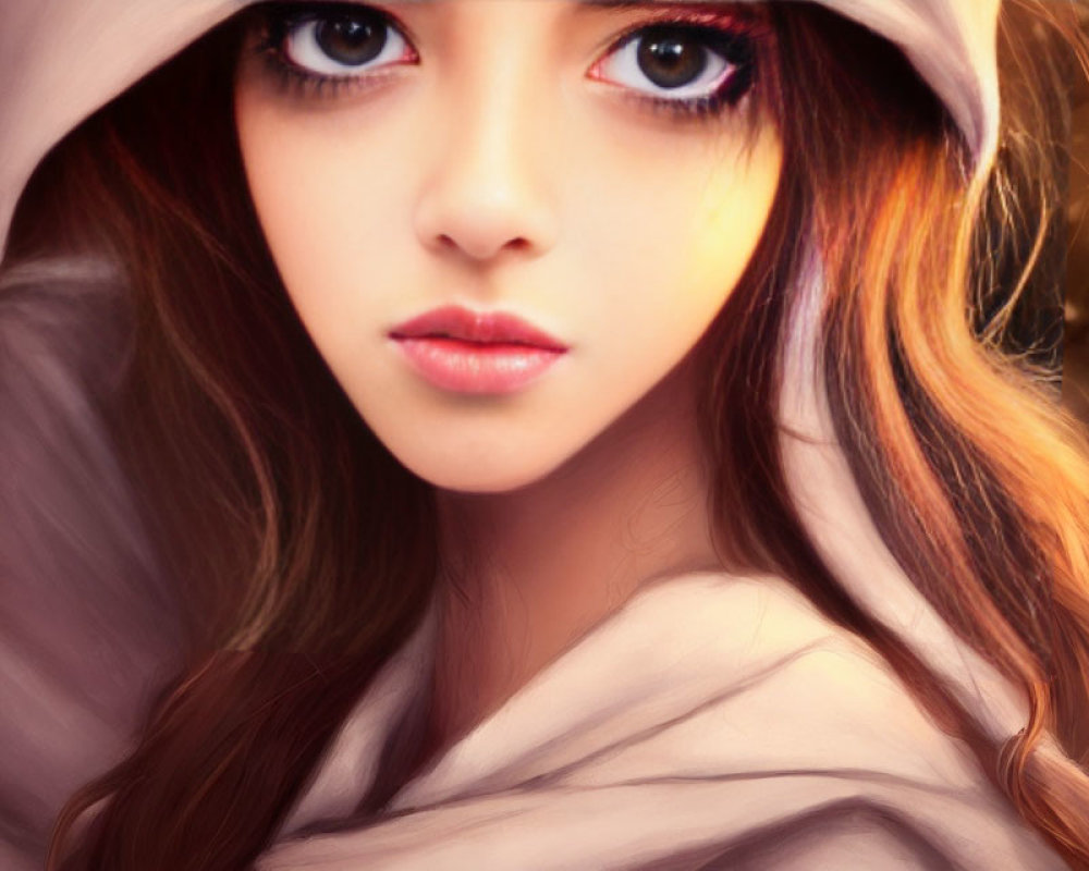 Digital painting: Young woman with expressive eyes in hooded cloak