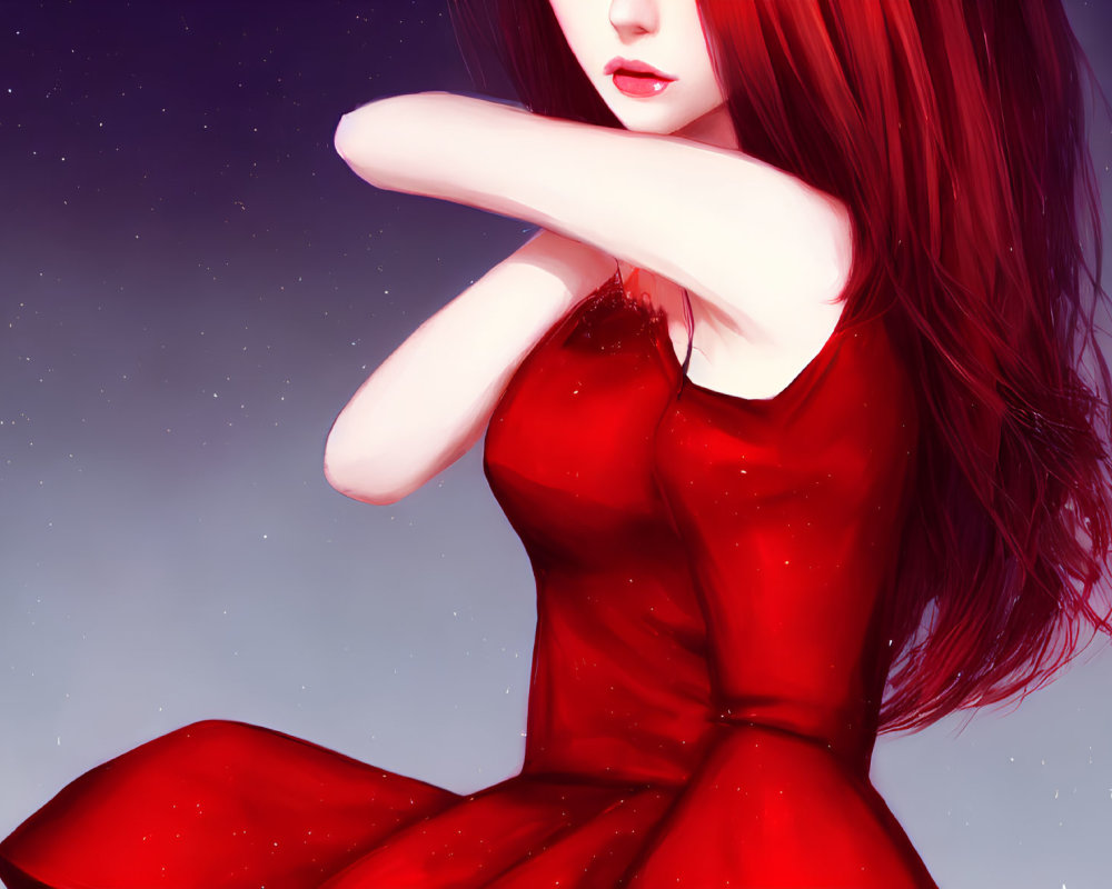 Illustration of woman with long red hair and red dress under starry sky