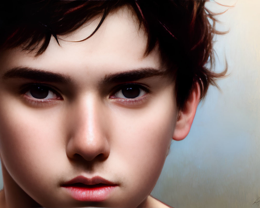 Close-up Portrait of Young Person with Dark Hair and Intense Gaze