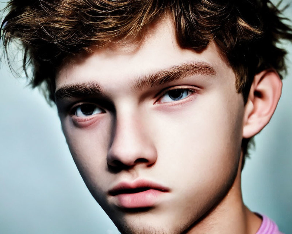 Young person with tousled brown hair and pink shirt in close-up portrait.