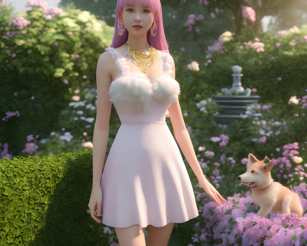 Digital artwork: Woman with pink hair in white dress, garden setting with blooming flowers, Shiba