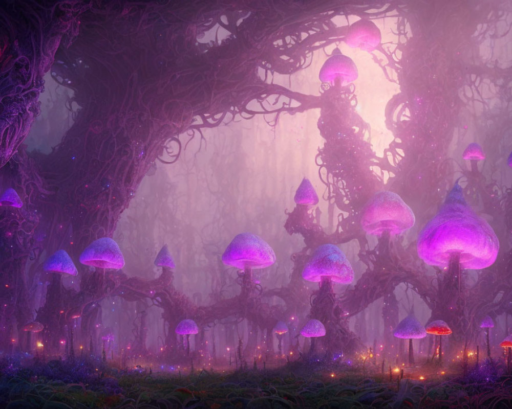 Enchanted forest with glowing purple mushrooms and twisted trees