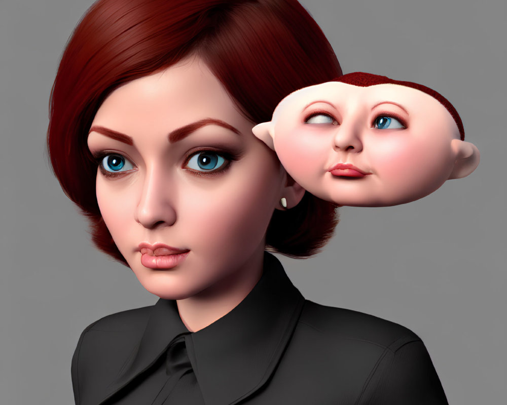 3D illustration: Woman with stylized caricature face emerging, red hair, blue eyes