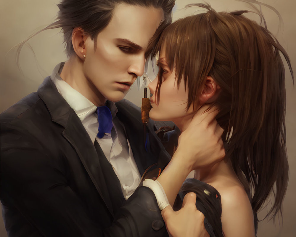 Intense romantic gaze between man and woman in illustrated image