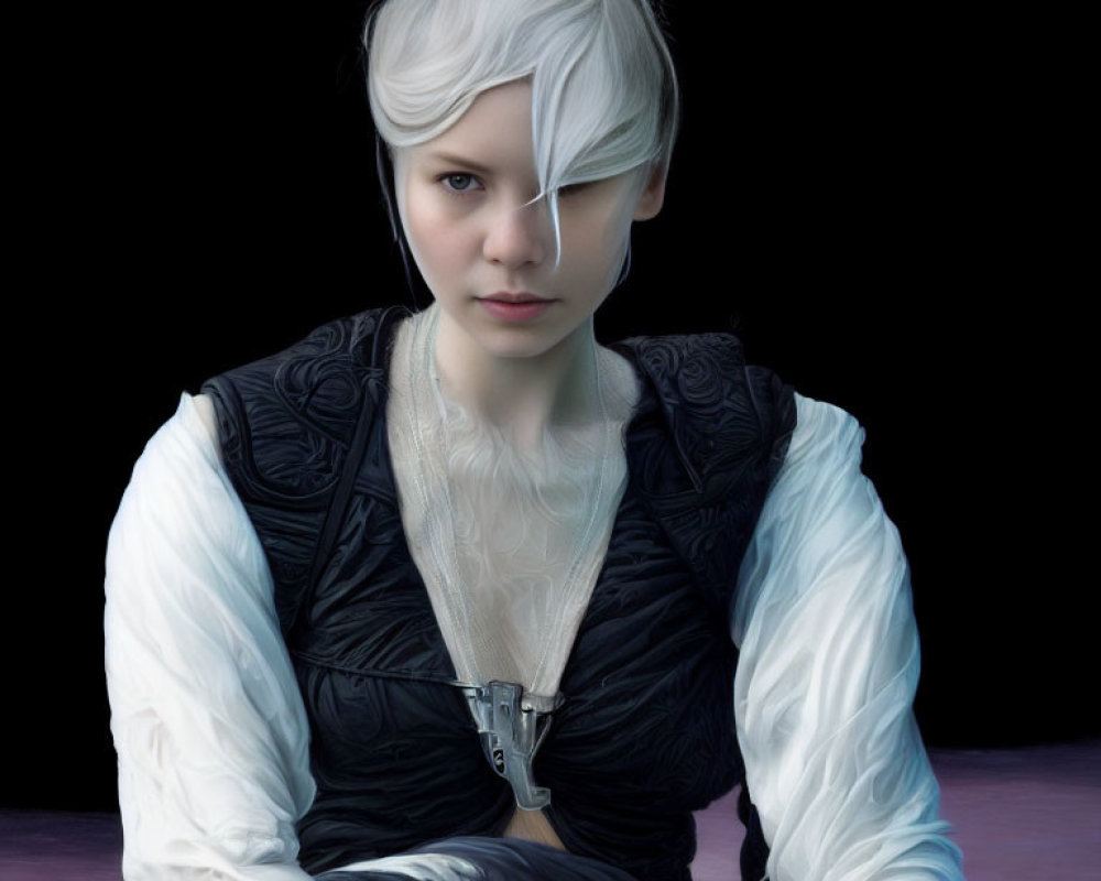 Portrait of person with white hair in black embroidered vest over white shirt on dark background